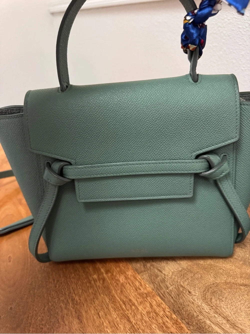 Celine Sage Green Leather Satchel with  Scarf Accent